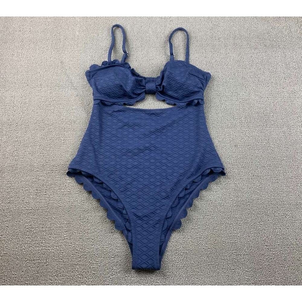 Cupshe One Piece Swimsuit Women M Navy Textured Scallop Ruffle Cutout Beach Sun